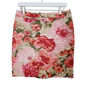 Talbots 8 Petite Floral Canvas Knee Length Pencil Skirt Mature Vibrant Cotton